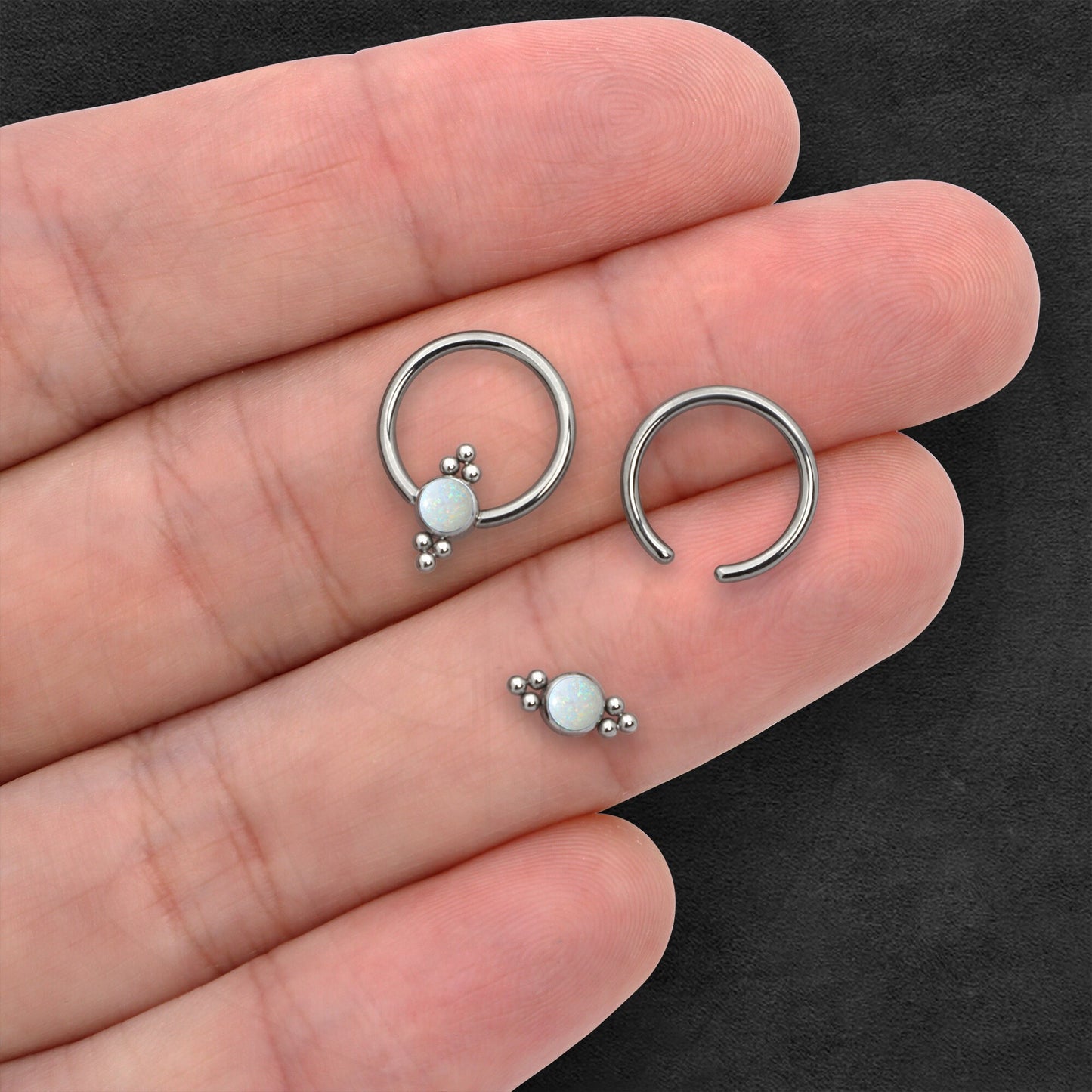Titanium Captive Bead Ring with White Opal and Six Beads