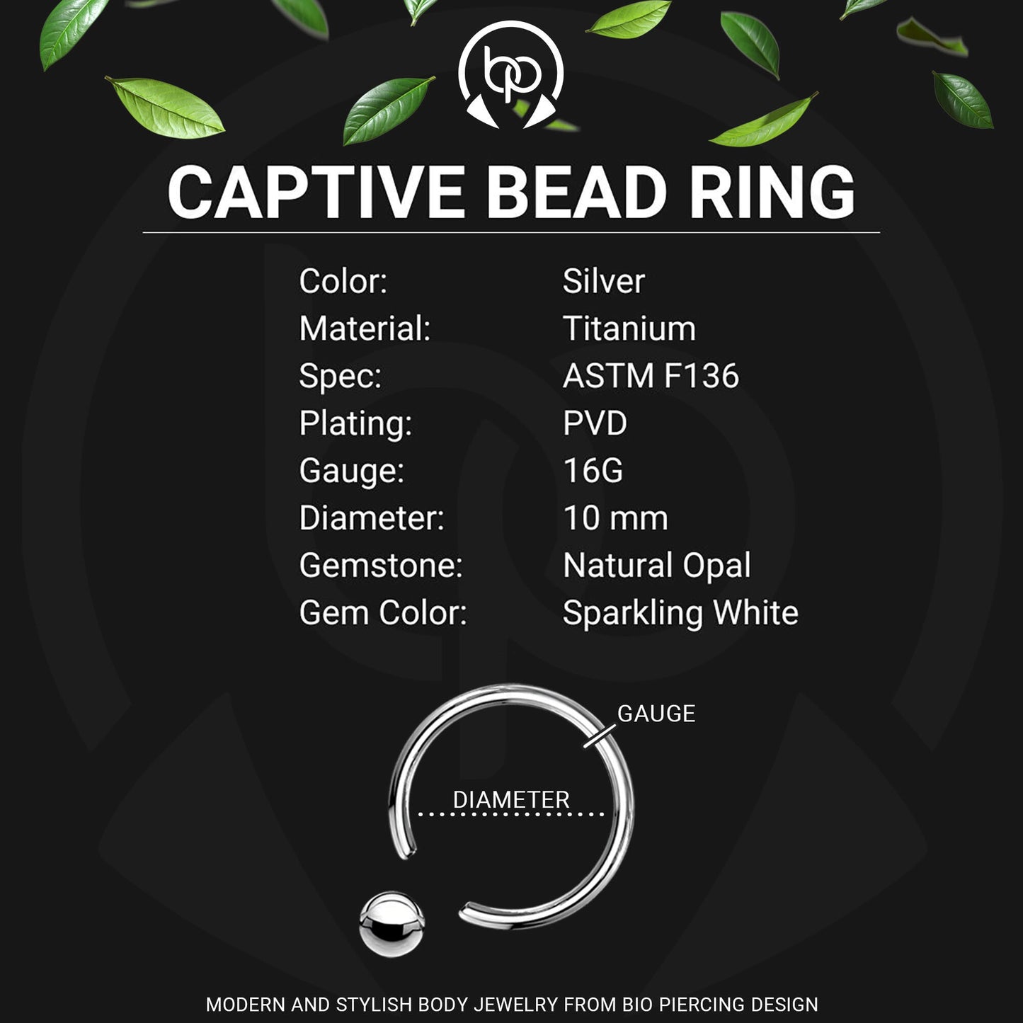 Titanium Captive Bead Ring with White Opal and Six Beads
