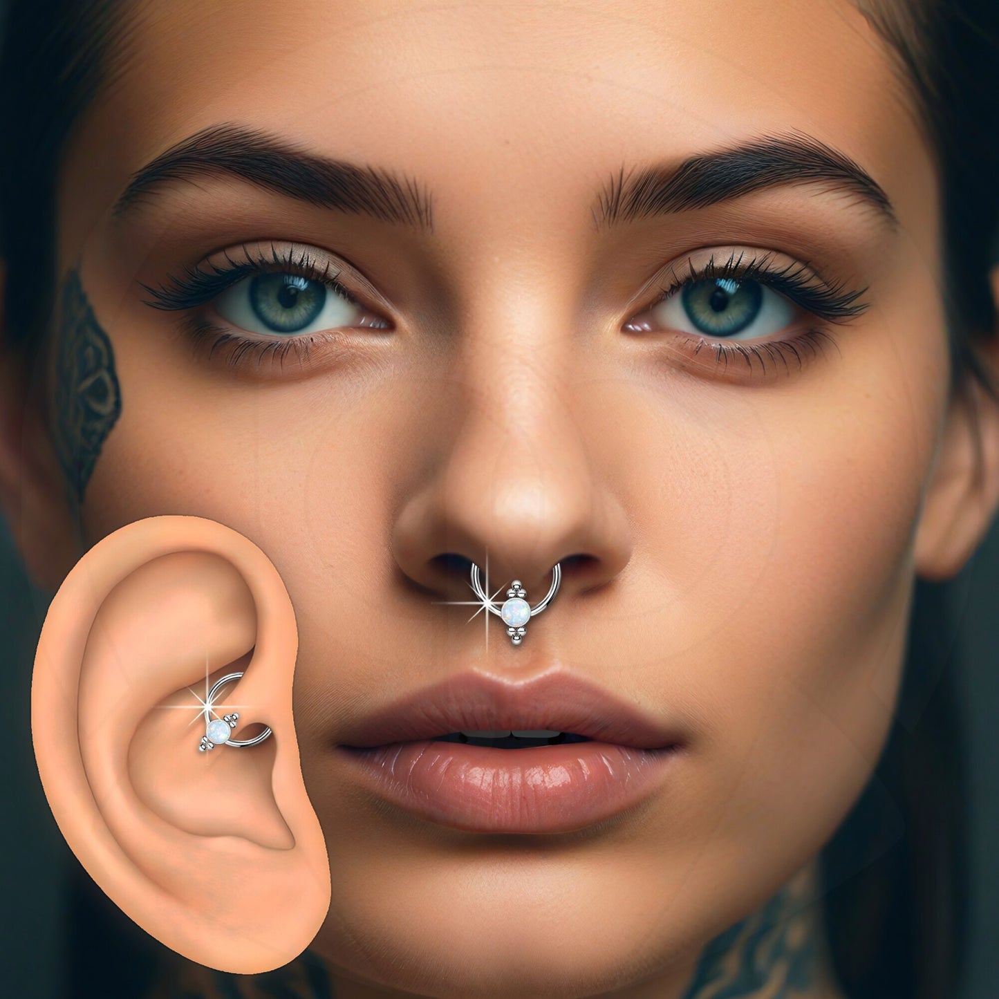 Titanium Captive Bead Ring with White Opal and Six Beads