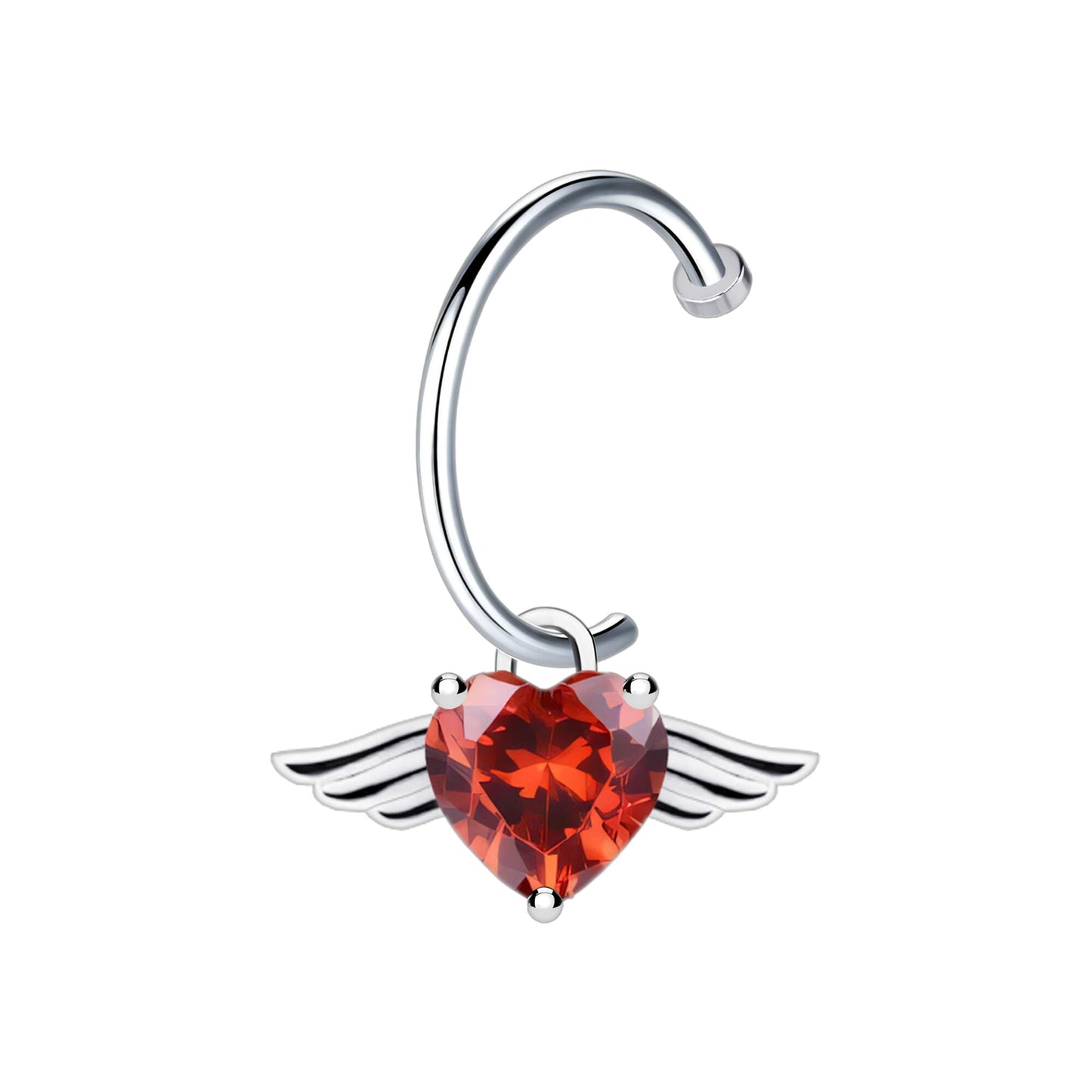 Surgical Steel Fake Lip Ring with Flying Heart and Red CZ