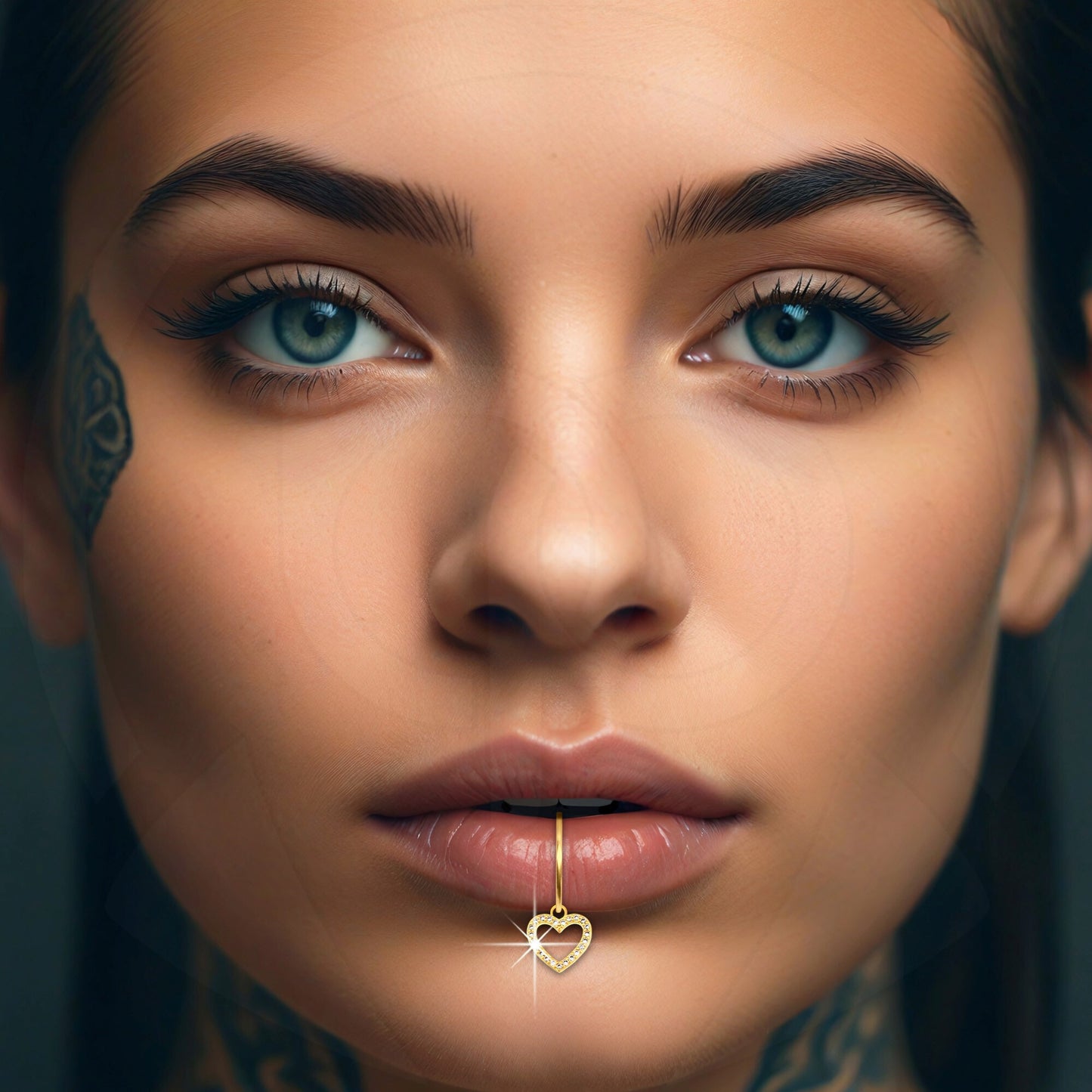 Surgical Steel Fake Lip Ring with Crystal Heart Dangle