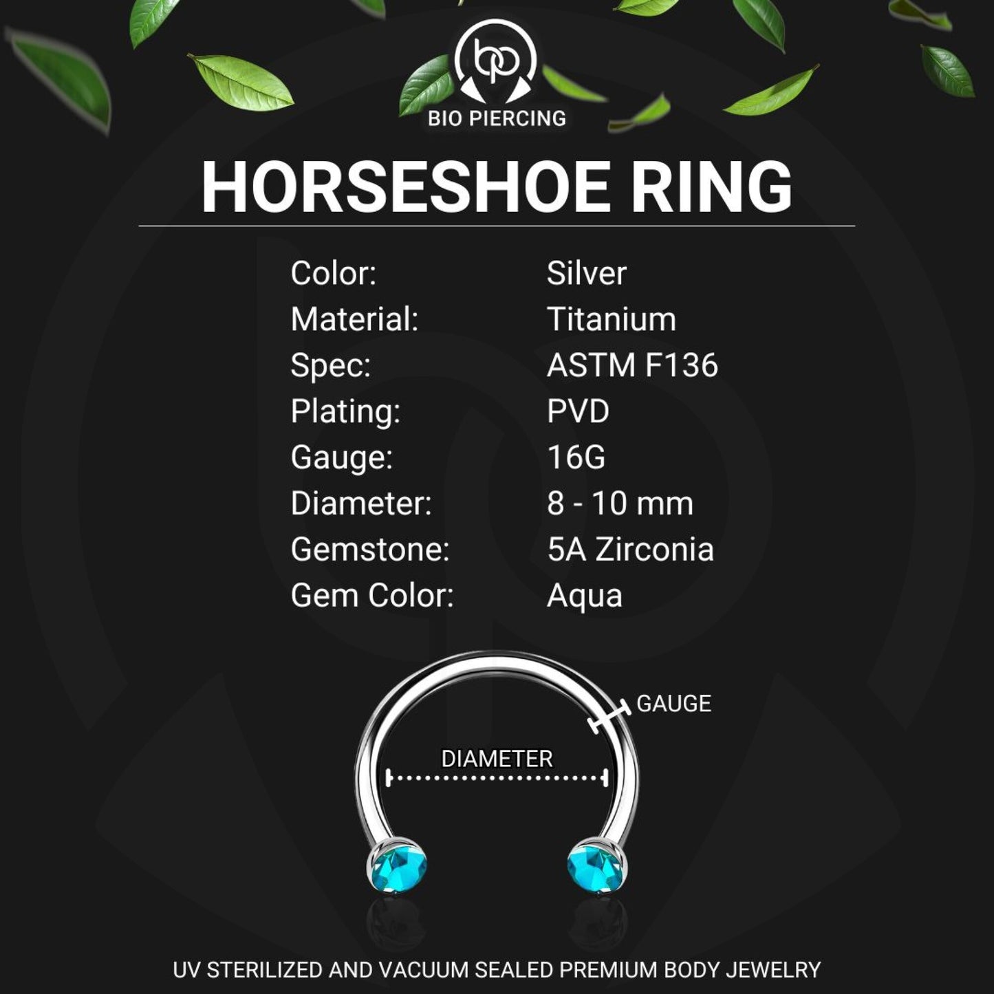 Titanium Horseshoe Ring with Aqua Crystals