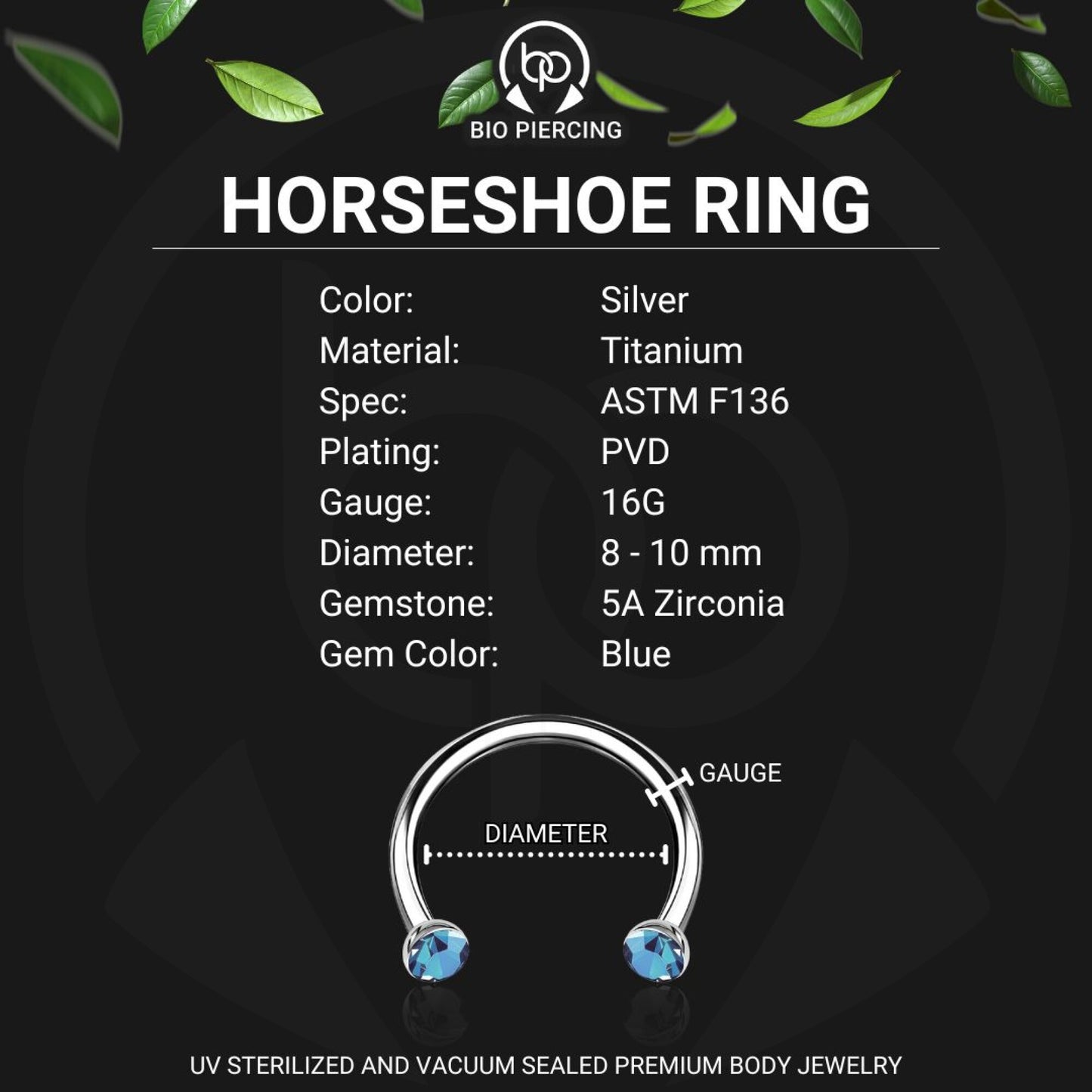Titanium Horseshoe Ring with Light Blue Crystals