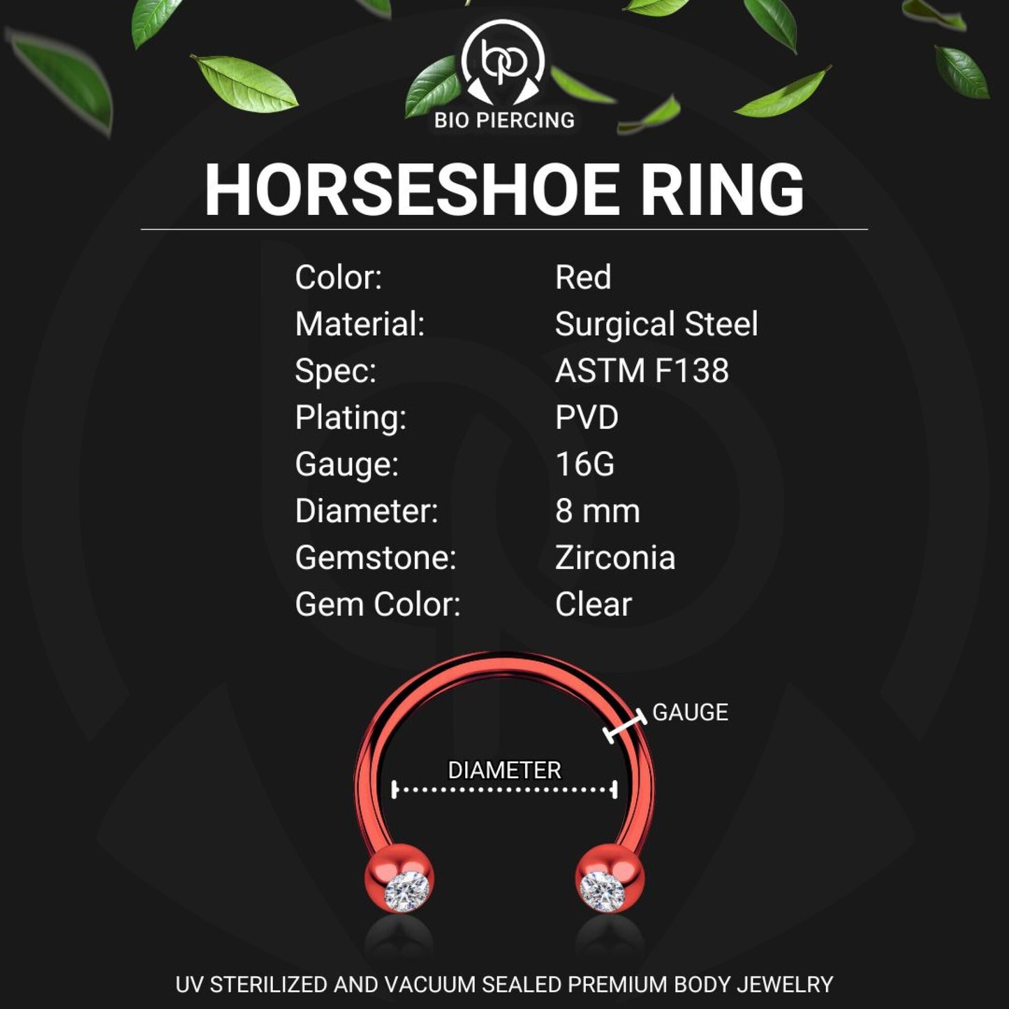 Surgical Steel Horseshoe Ring in Red with Clear CZ