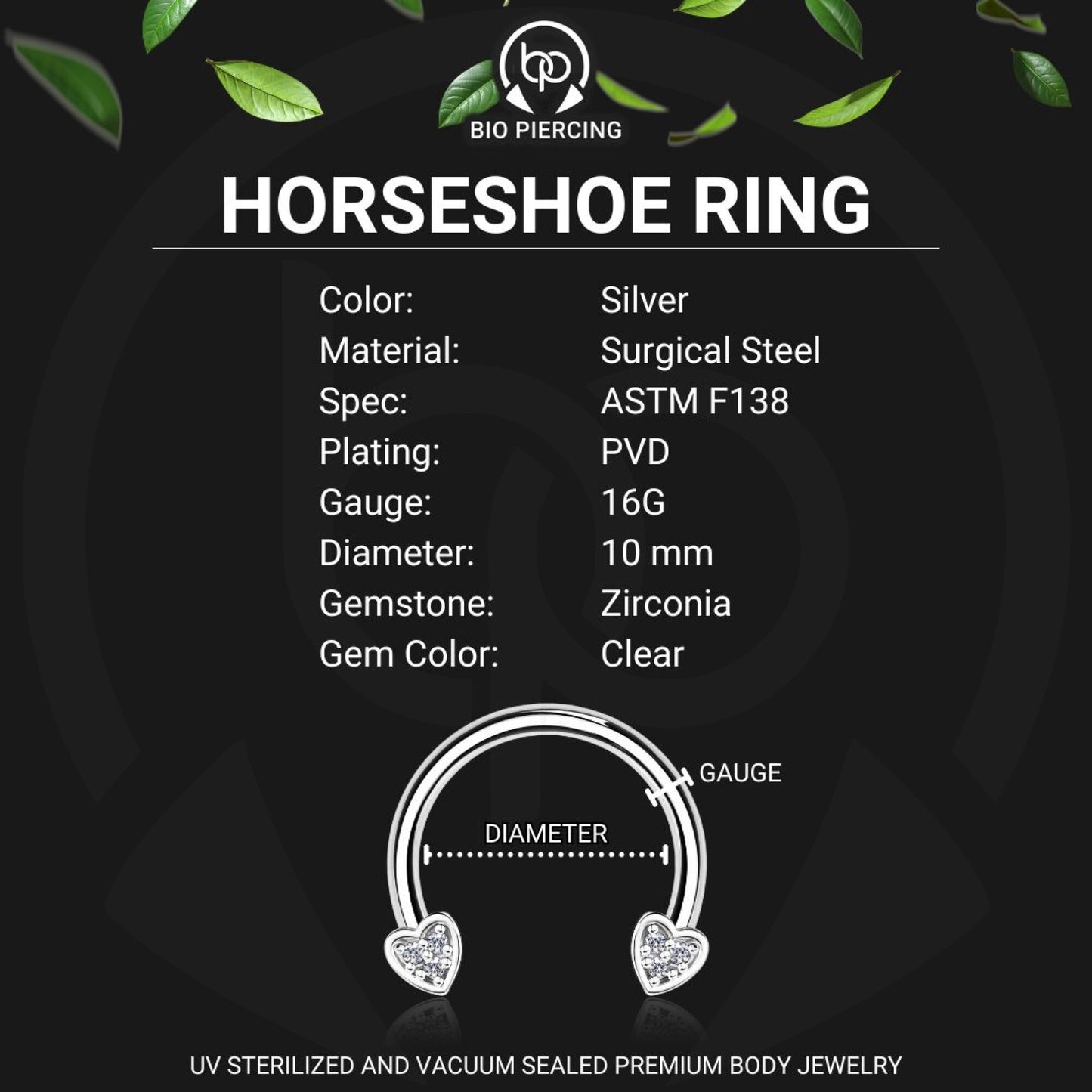 Surgical Steel Horseshoe Ring with Crystal Hearts