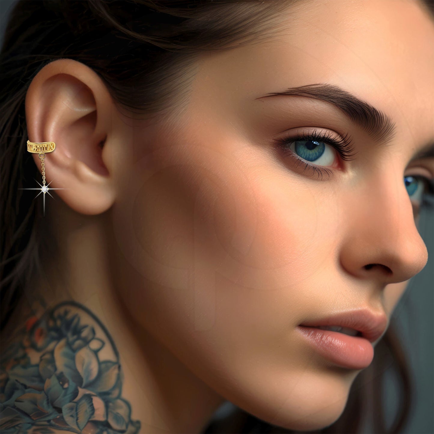 Gold Plated Ear Cuff with Roman Letters and Chain