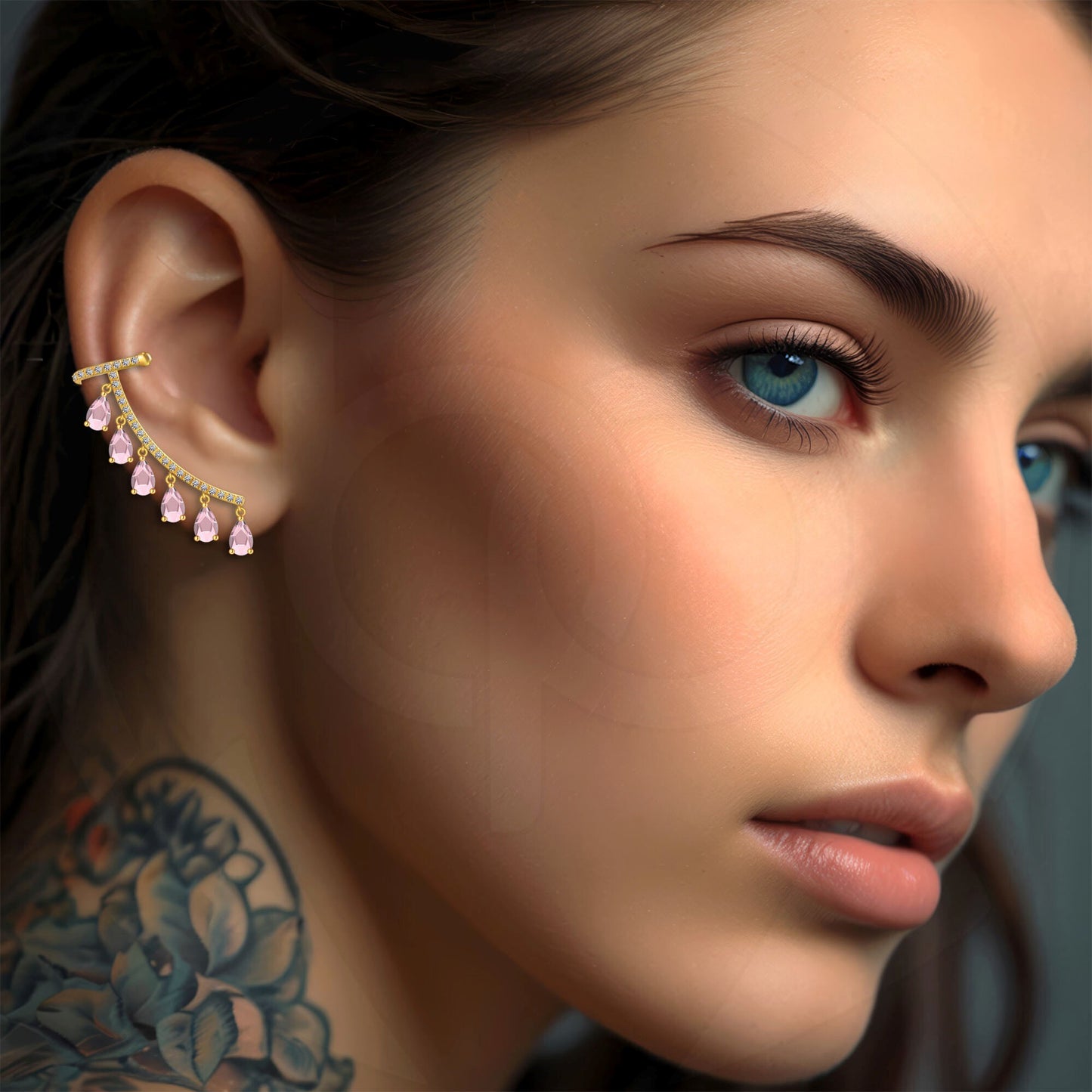 Gold Plated Ear Cuff Ear Crawler with Pink CZ