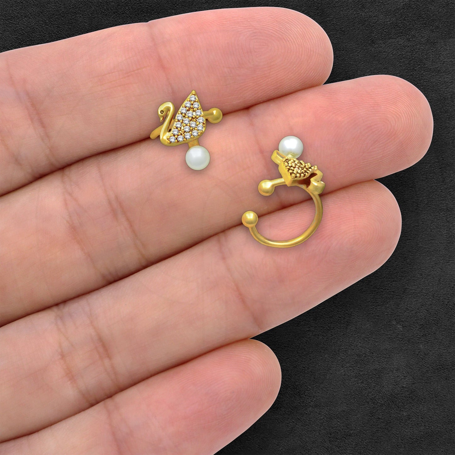 Gold Plated Ear Cuff with Crystal Swan and Pearl