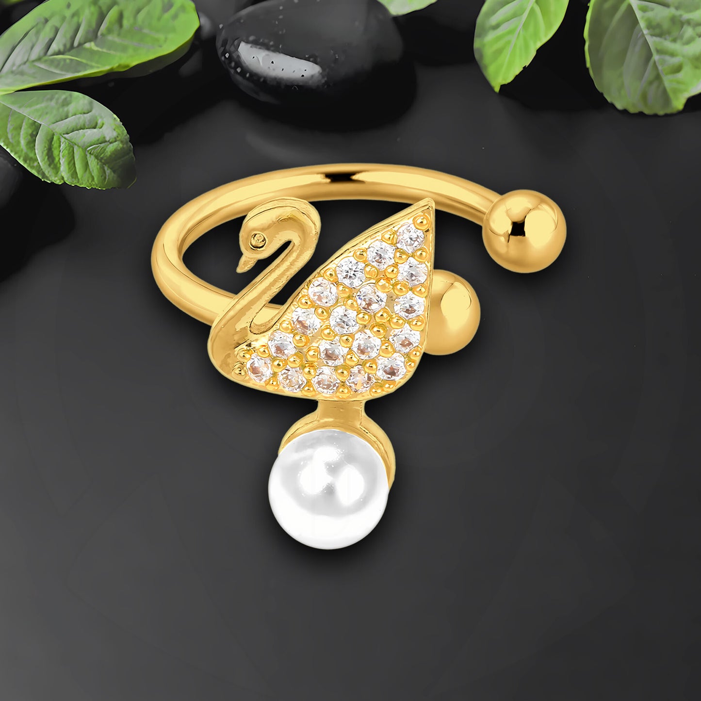 Gold Plated Ear Cuff with Crystal Swan and Pearl