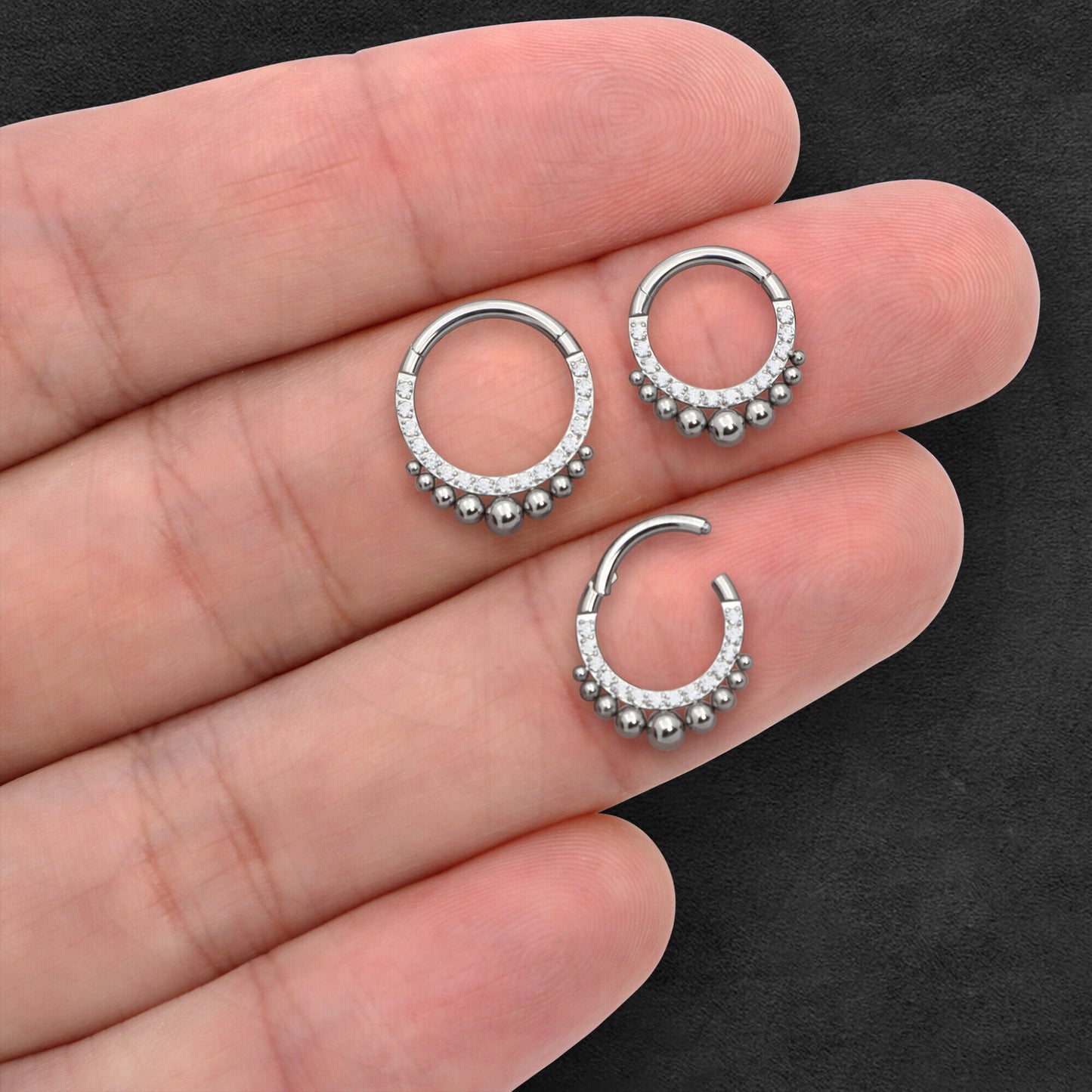 Titanium Clicker Ring with Beads Ornament and CZ
