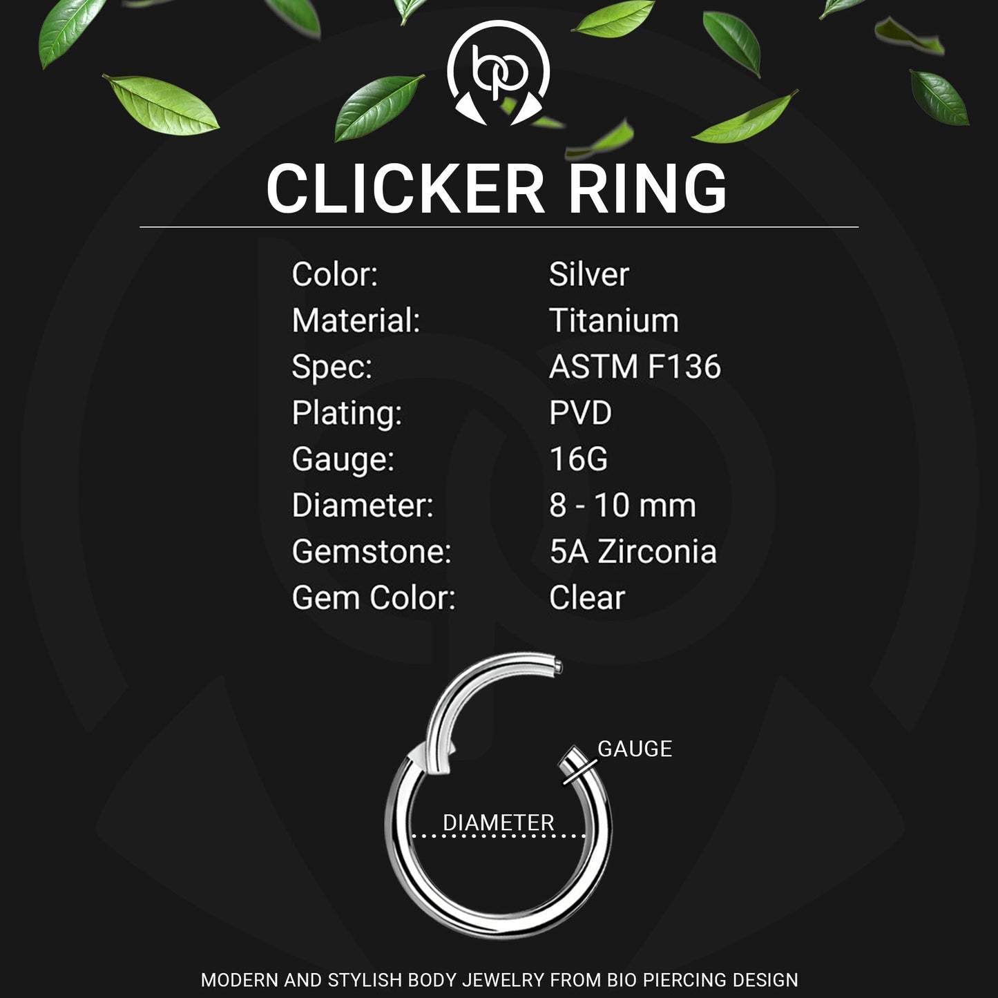 Titanium Clicker Ring with Beads Ornament and CZ