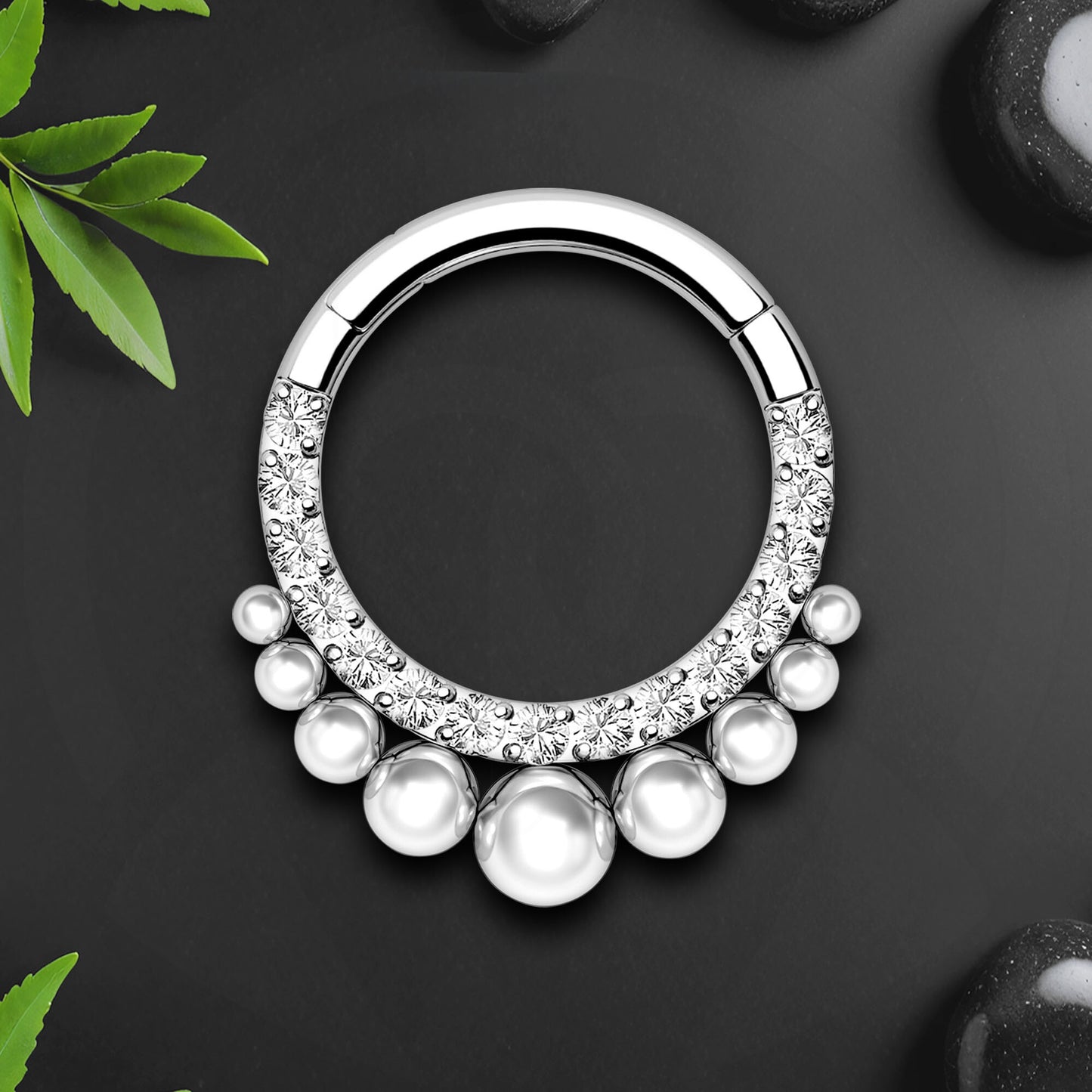Titanium Clicker Ring with Beads Ornament and CZ
