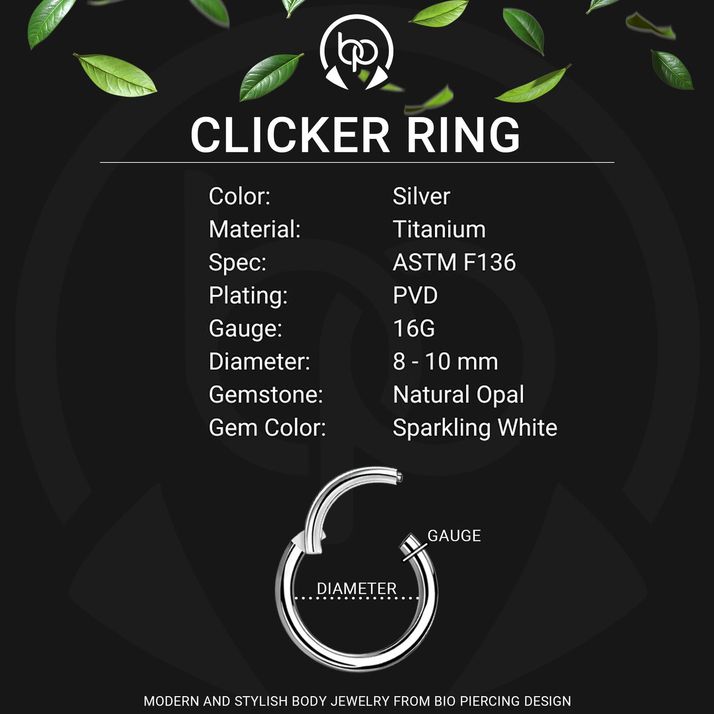 Titanium Clicker Ring in Teardrop Shape with White Opal