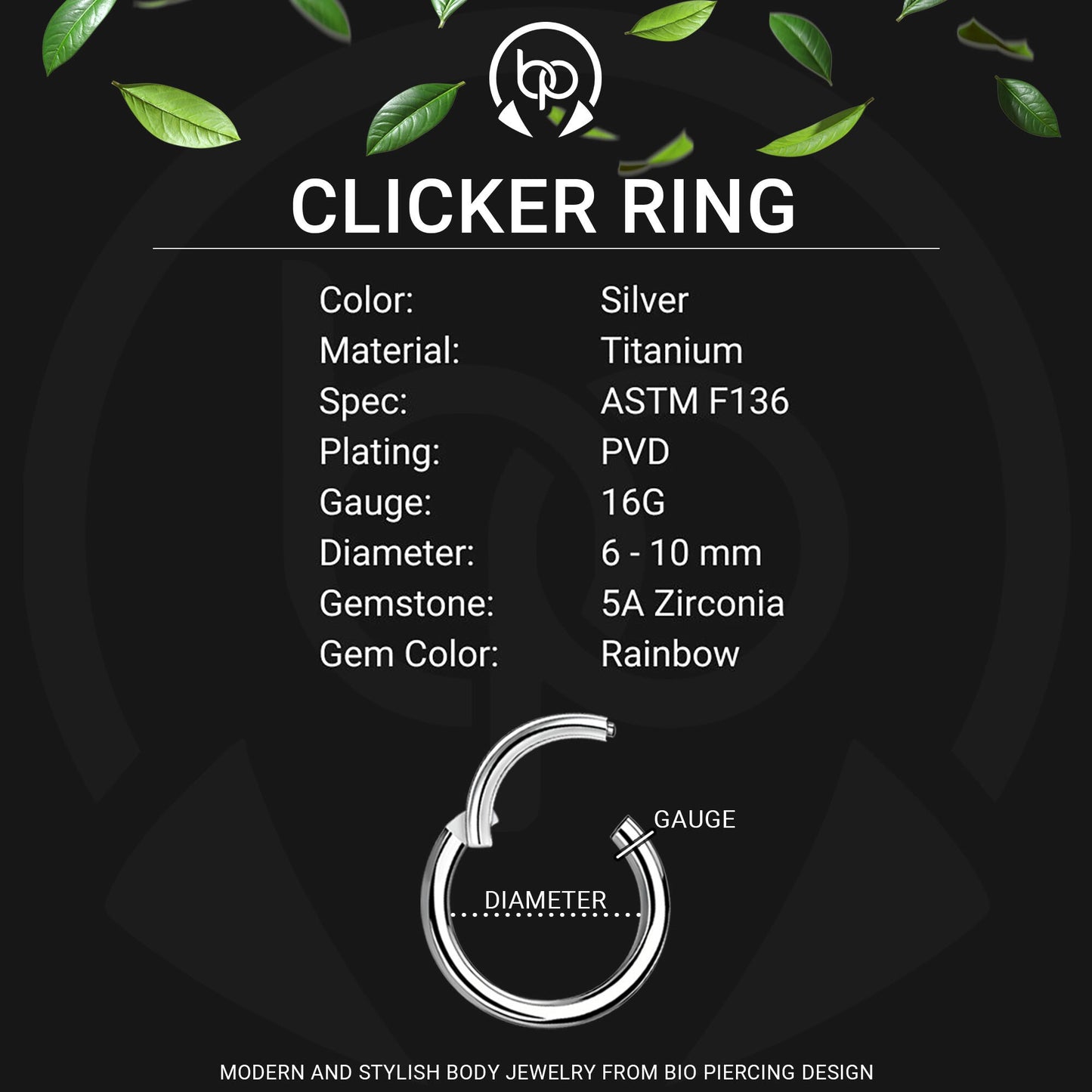Titanium Clicker Ring in Classic Style with Rainbow CZ