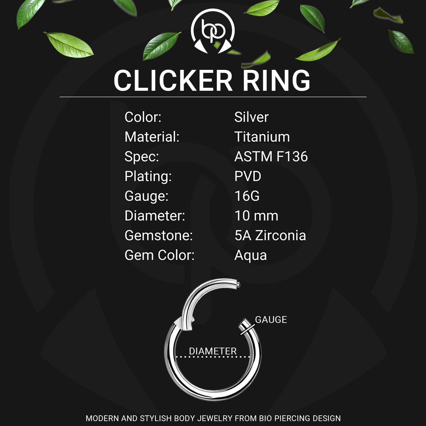 Titanium Clicker Ring with Bee Figure and Aqua Zirconia