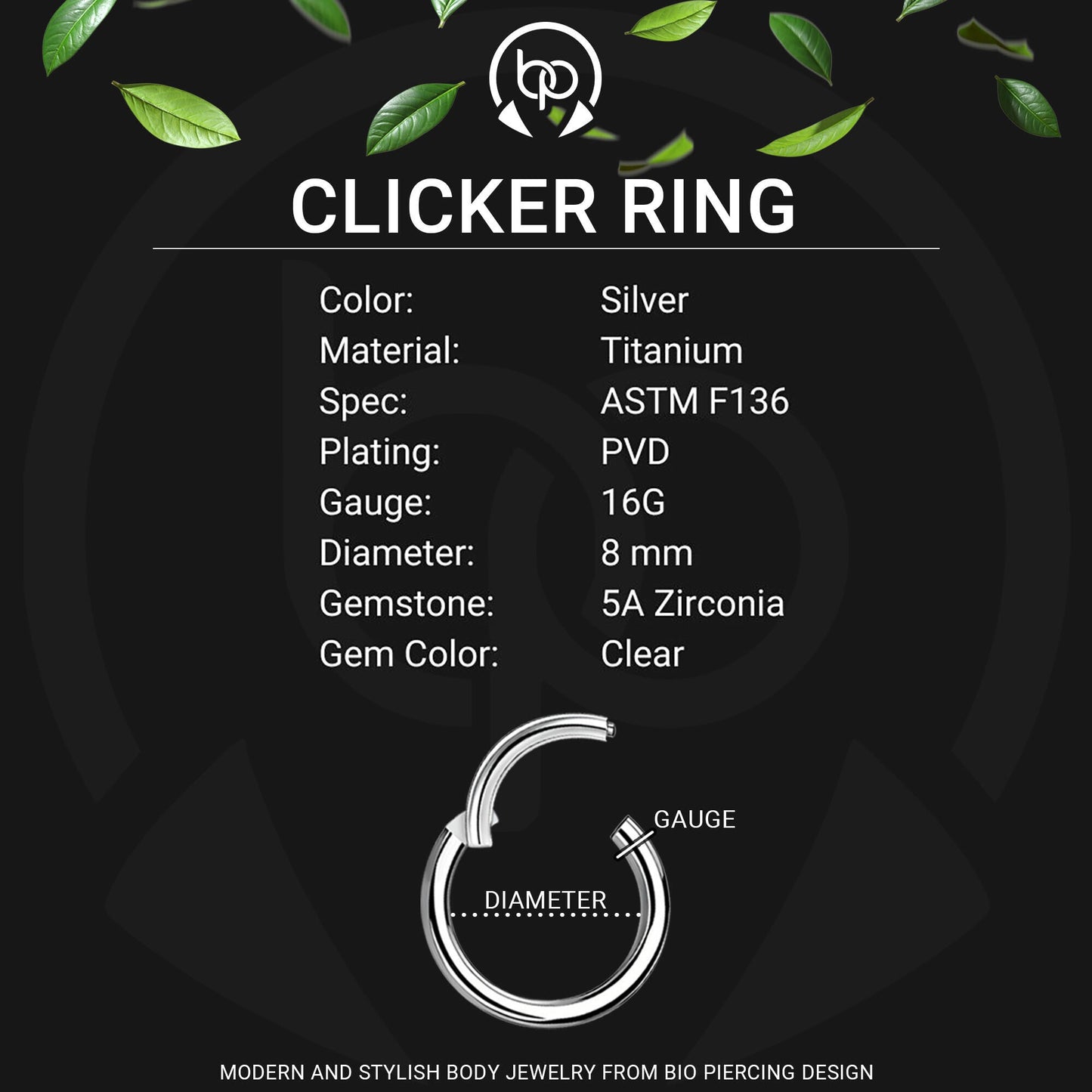 Titanium Clicker Ring with Heart Shaped Zirconia