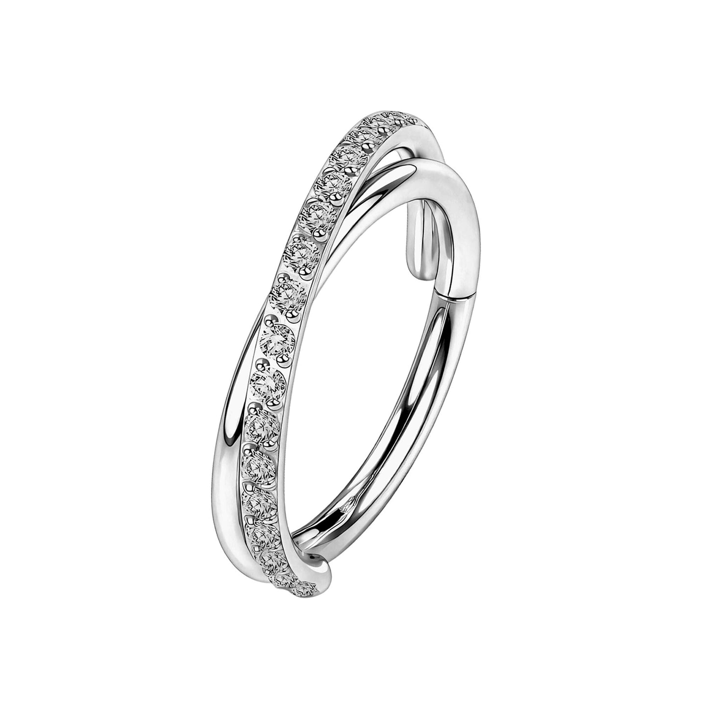 Titanium Clicker Ring with Double Crossing Hoops and CZ