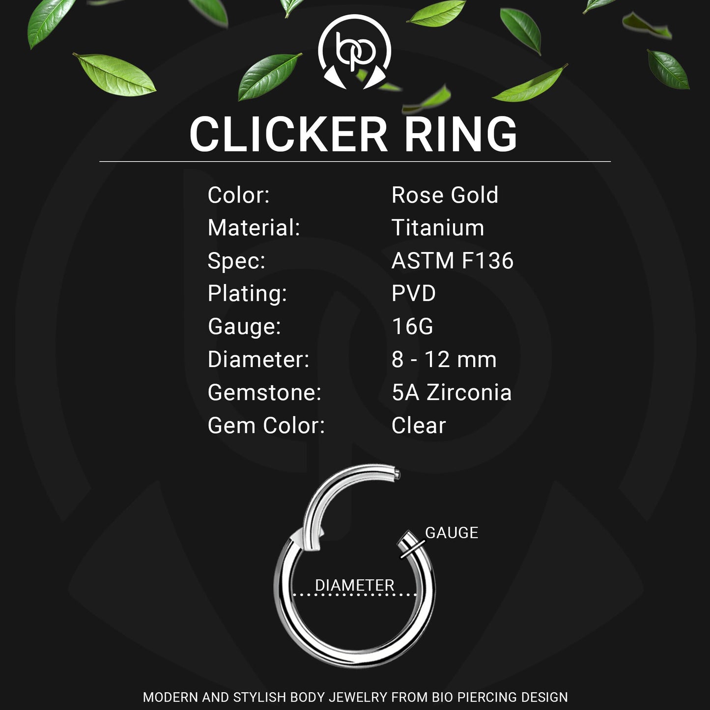 Titanium Clicker Ring in D Shape Style and Half Side CZ