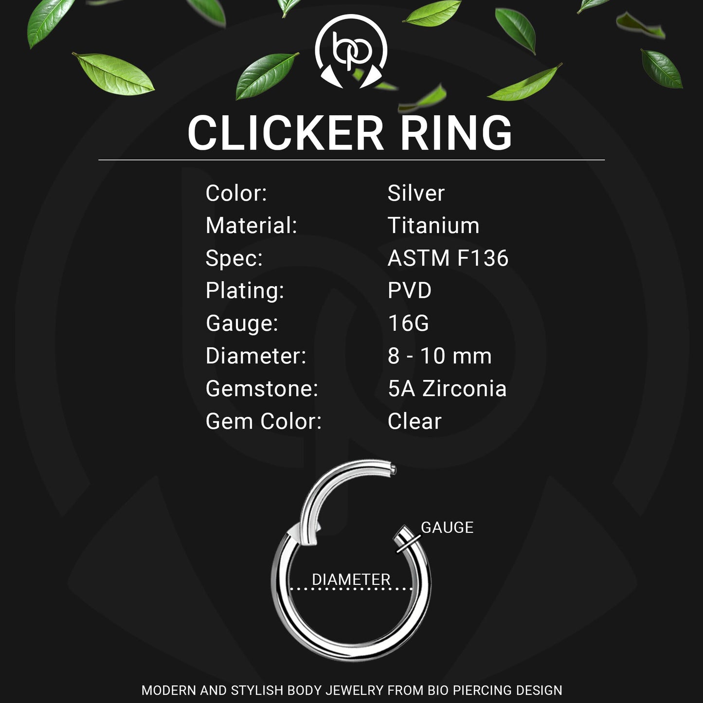 Titanium Clicker Ring in Double Hoops Style and Zirconia
