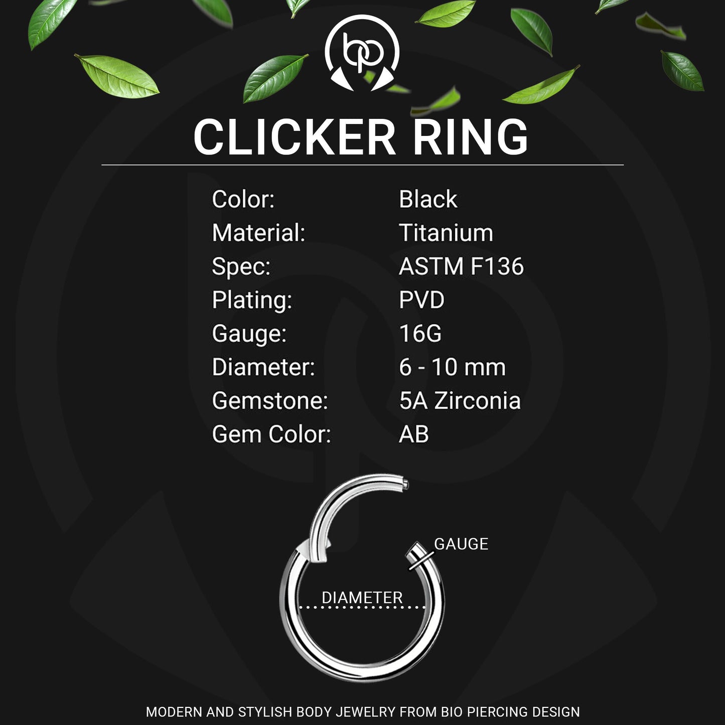 Titanium Clicker Ring in Classic Style with Aurora Borealis CZ