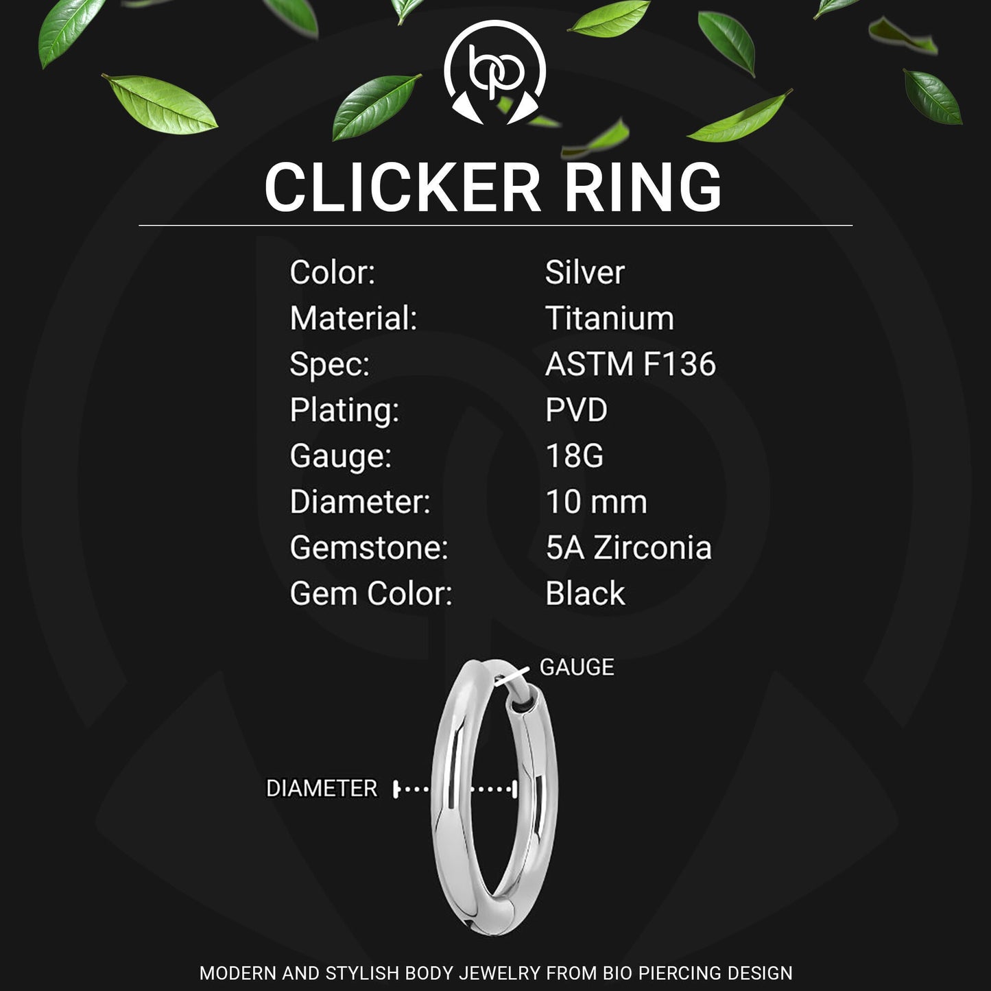 Titanium Clicker Ring in Classic Earring Style and Black CZ