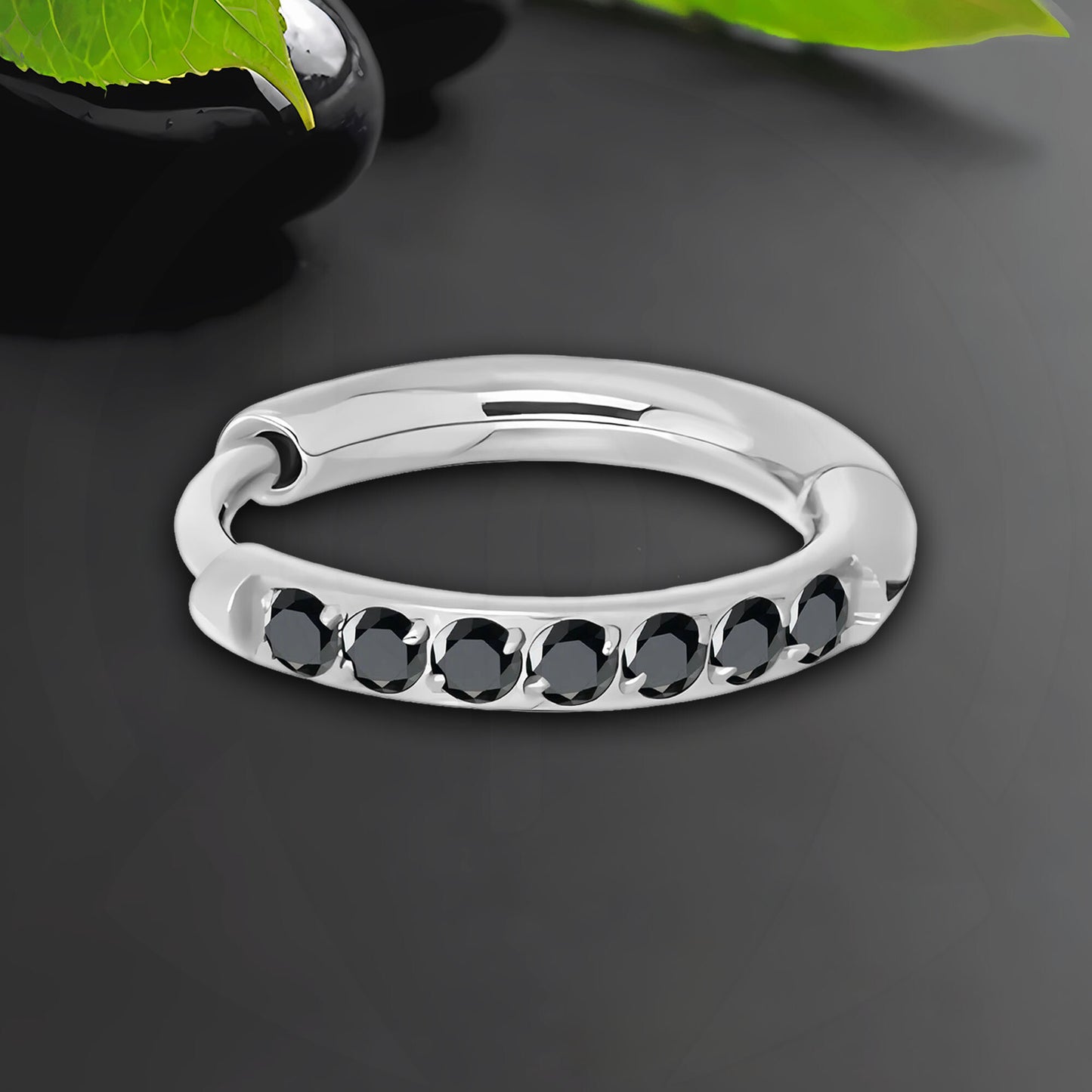 Titanium Clicker Ring in Classic Earring Style and Black CZ