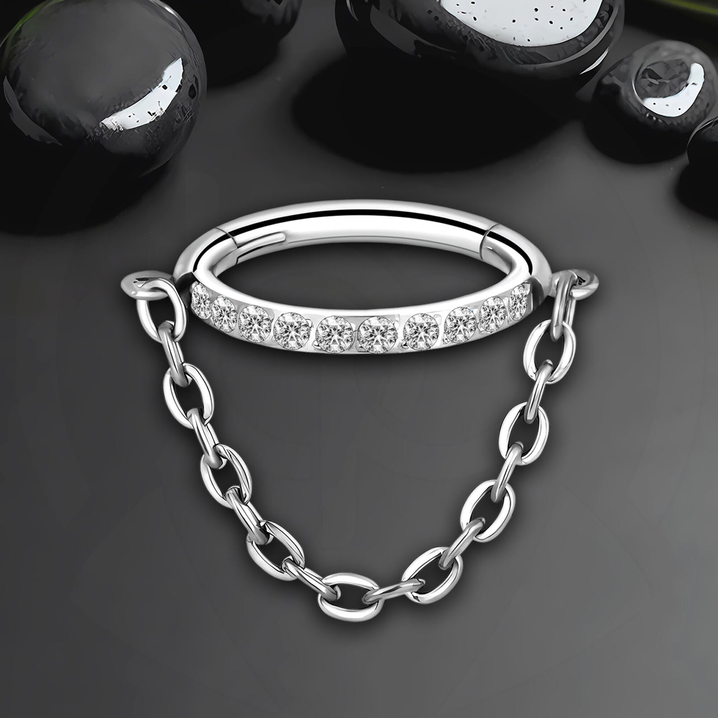 Titanium Clicker Ring with Chain and Zirconia