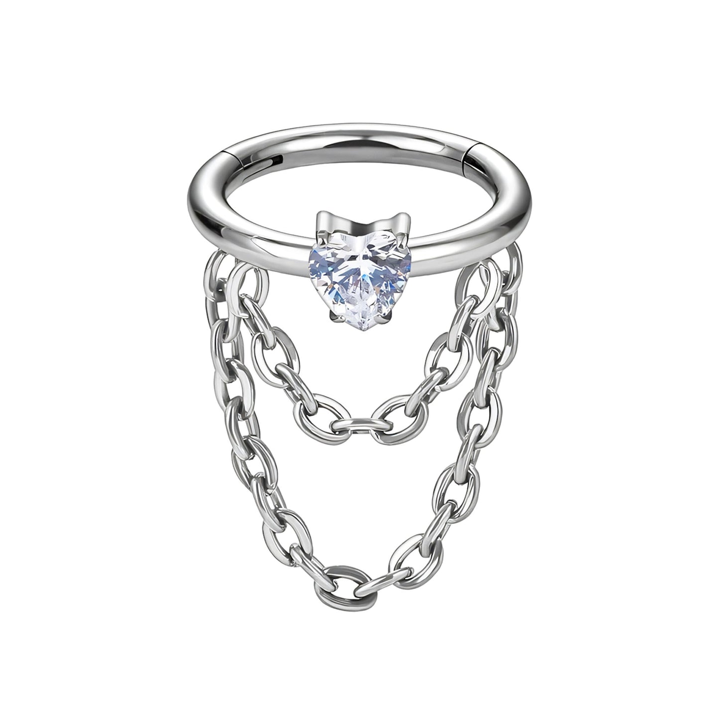 Titanium Clicker Ring with Chains and Crystal Heart