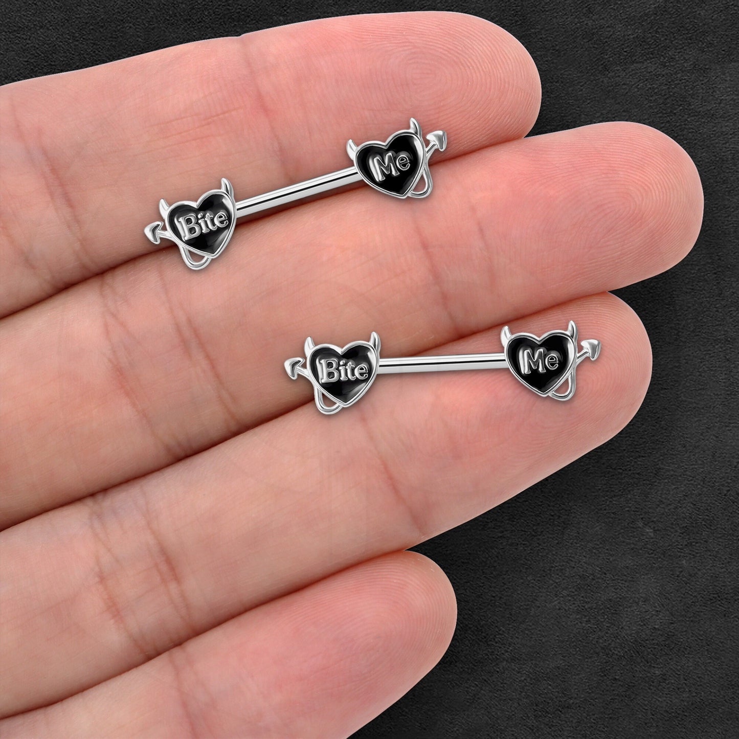 Surgical Steel Nipple Jewelry with Bite Me Hearts
