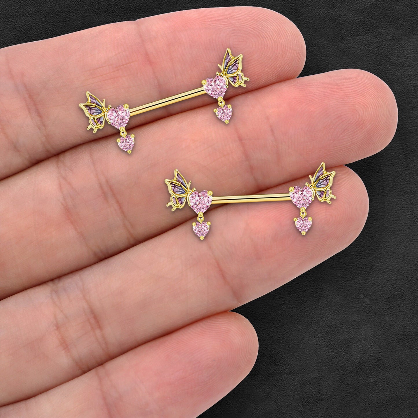Surgical Steel Nipple Jewelry with Butterflies and Hearts CZ