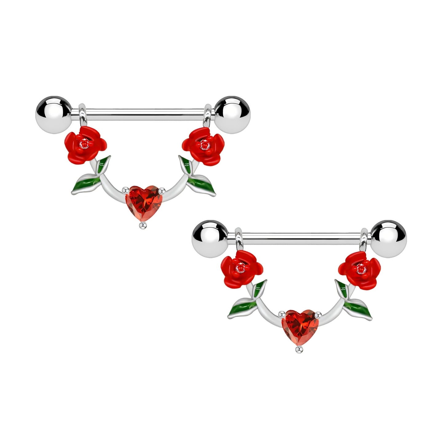 Surgical Steel Nipple Jewelry with Red Heart and Roses