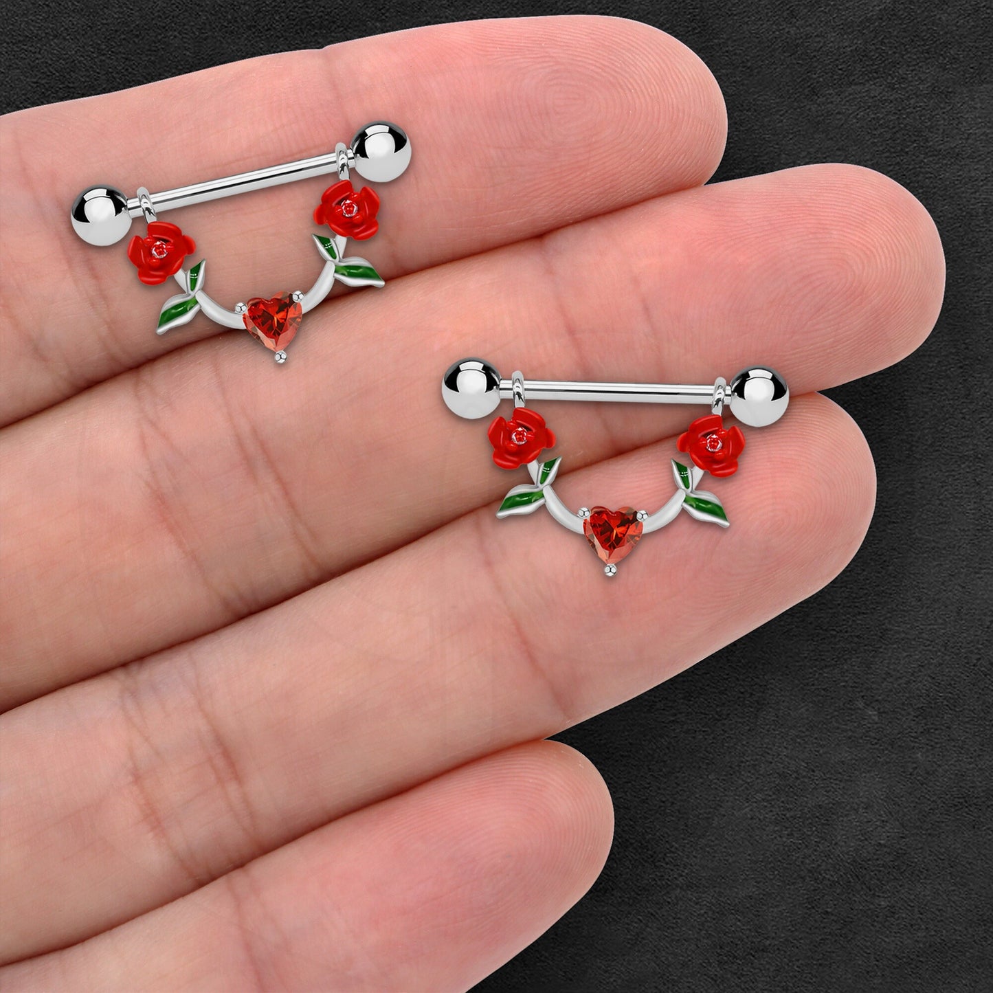 Surgical Steel Nipple Jewelry with Red Heart and Roses