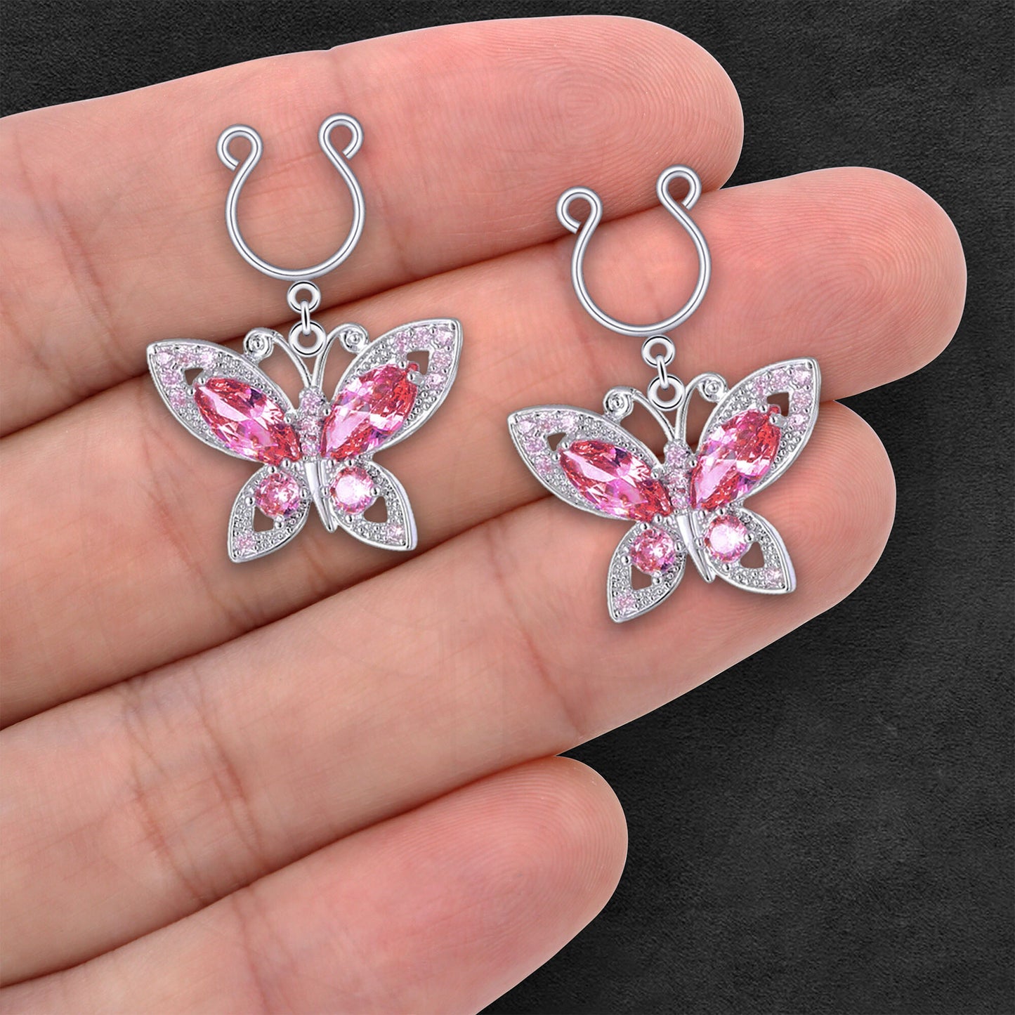 Silver Plated Nipple Clips with Crimson Butterflies