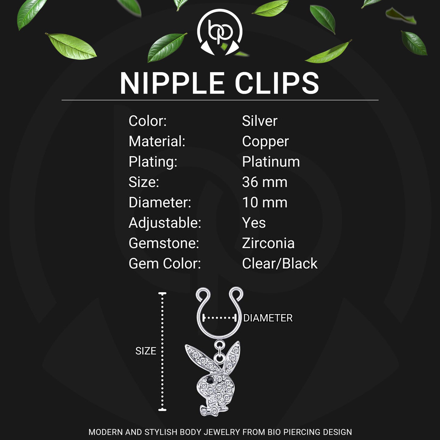 Silver Plated Nipple Clips with Crystal Rabbits