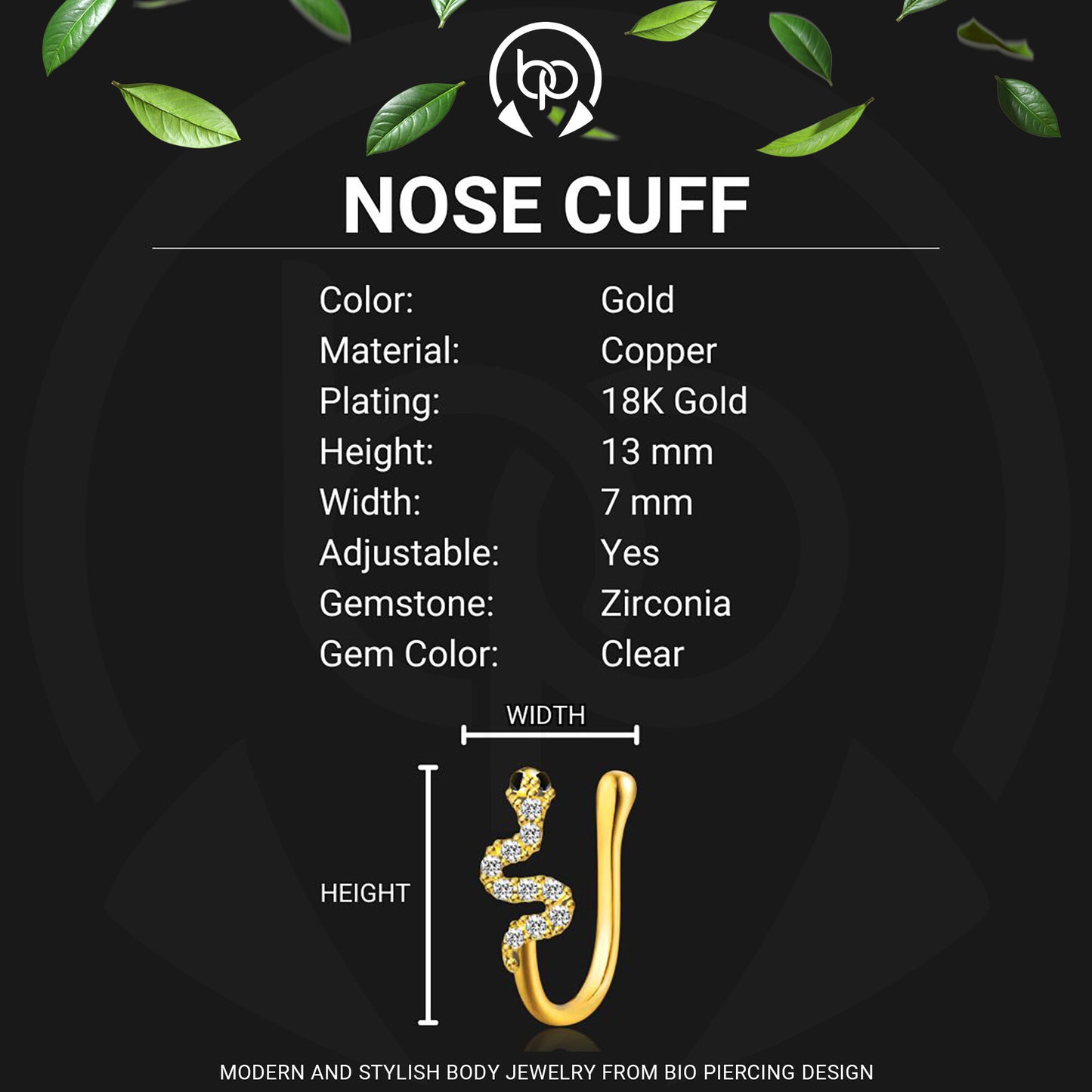 Gold Plated Nose Cuff with Snake