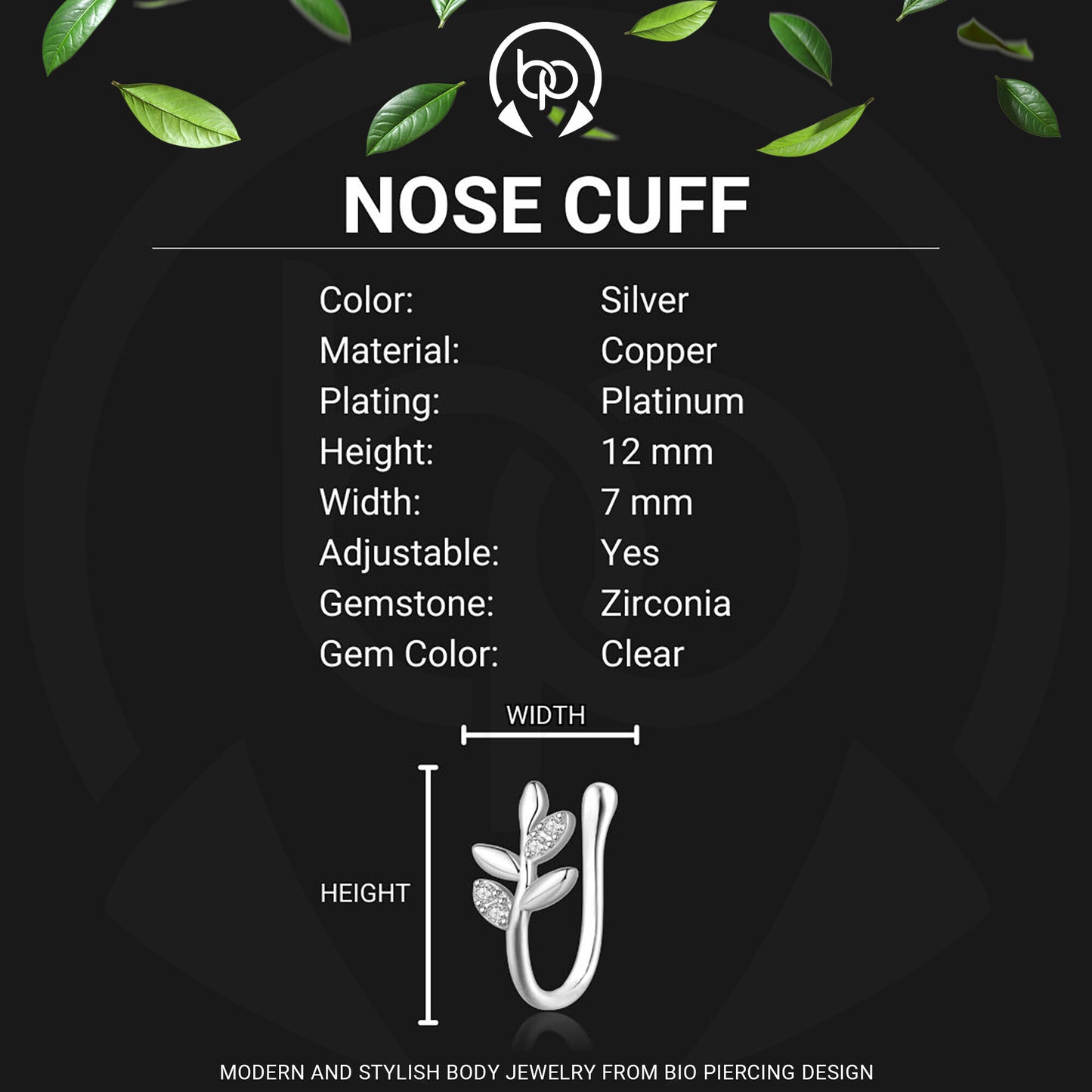 Silver Plated Nose Cuff with Leaves