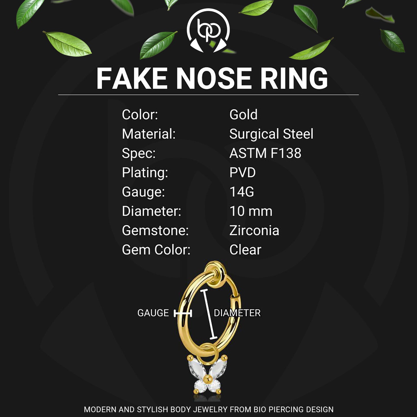 Surgical Steel Fake Ring with Butterfly Dangle