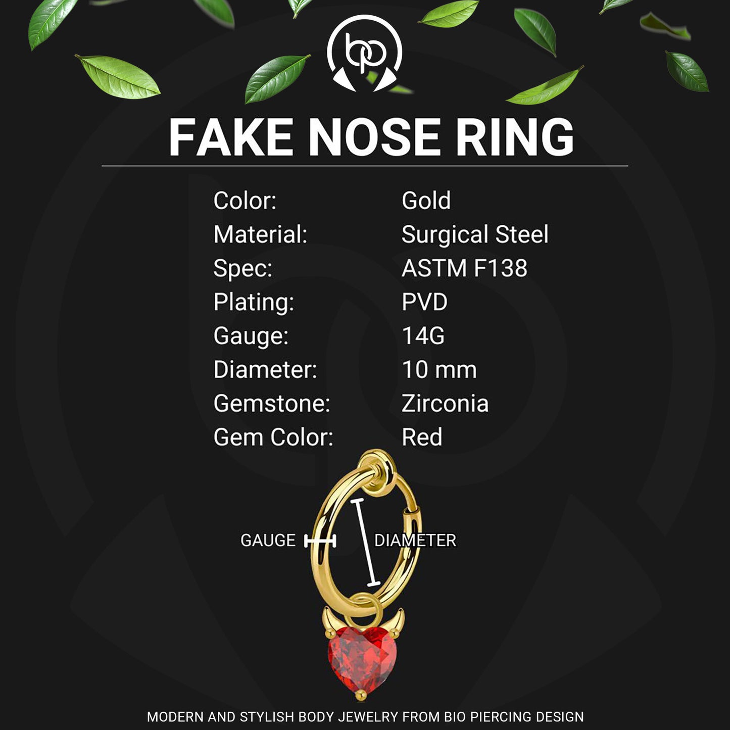 Surgical Steel Fake Ring with Red Evil Heart