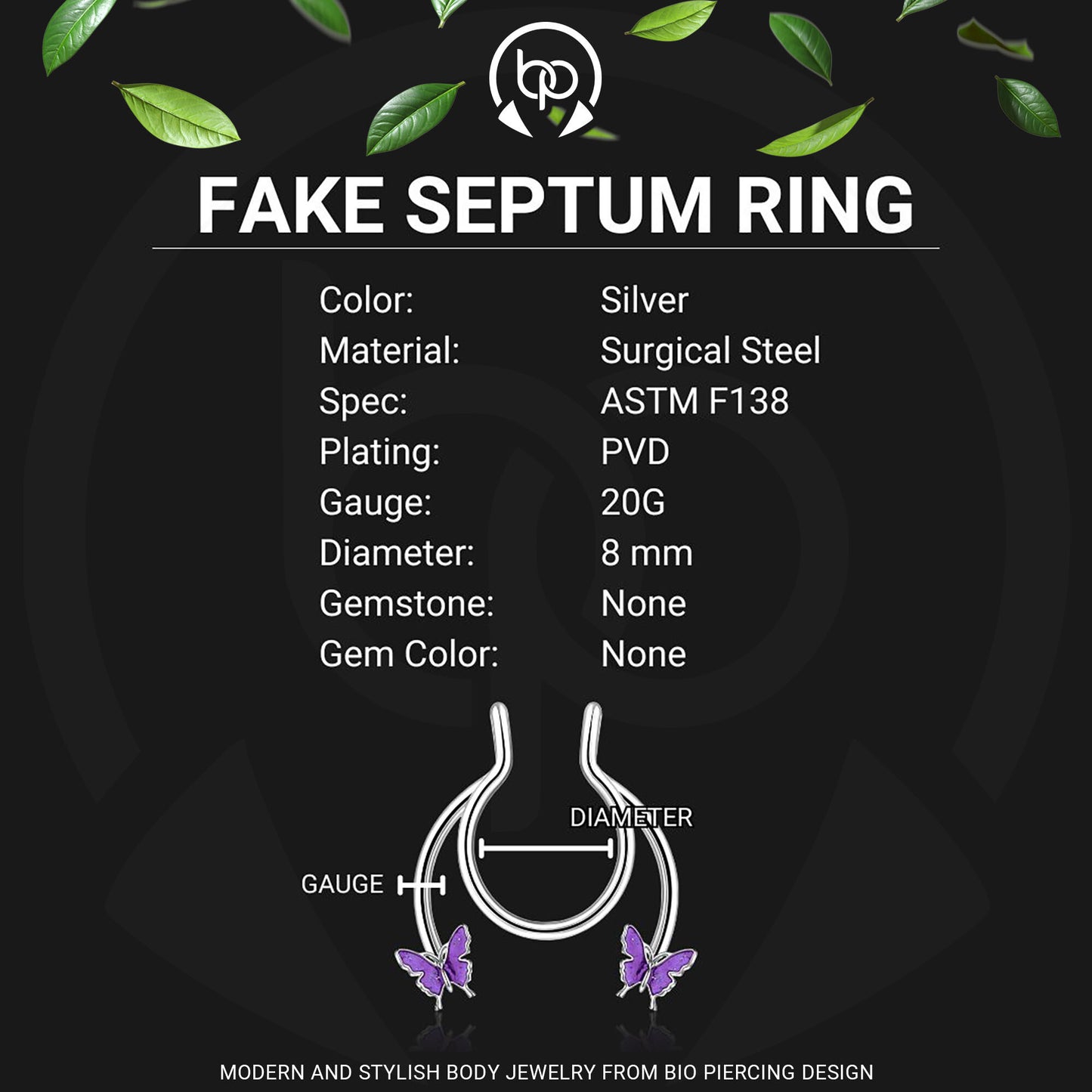 Surgical Steel Septum Cuff with Butterflies