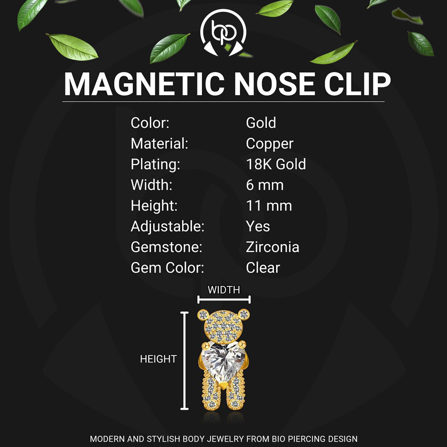 Gold Plated Nostril Clip with Crystal Bear