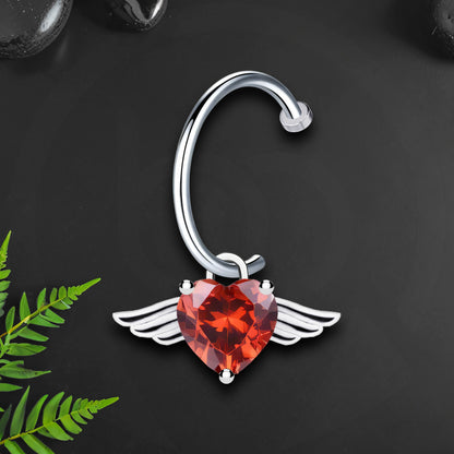 Surgical Steel Fake Lip Ring with Flying Heart and Red CZ