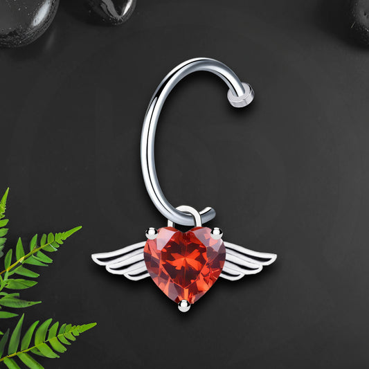 Surgical Steel Fake Lip Ring with Flying Heart and Red CZ