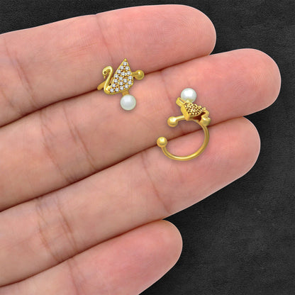 Gold Plated Ear Cuff with Crystal Swan and Pearl