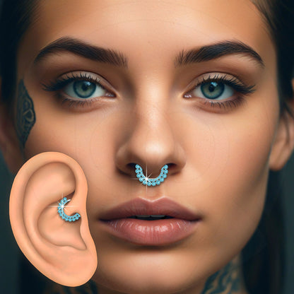 Titanium Clicker Ring with Double Raw Aqua Zirconias