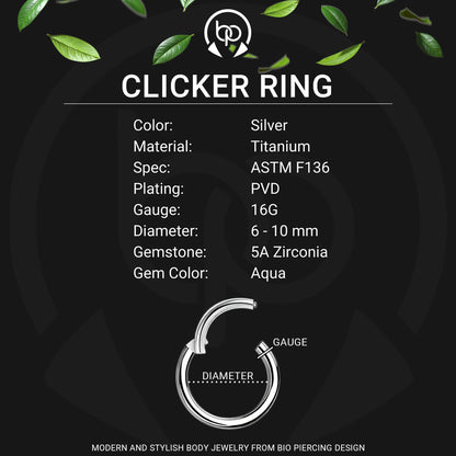 Titanium Clicker Ring in Classic Style with Aqua CZ