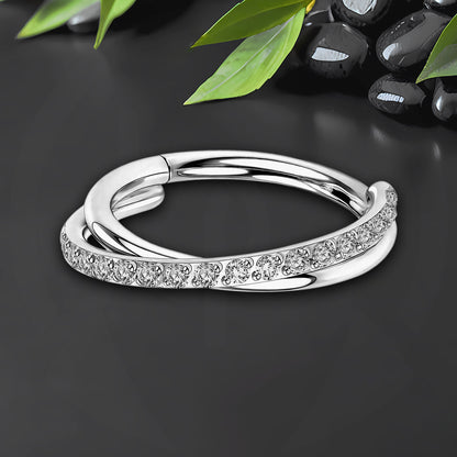 Titanium Clicker Ring with Double Crossing Hoops and CZ