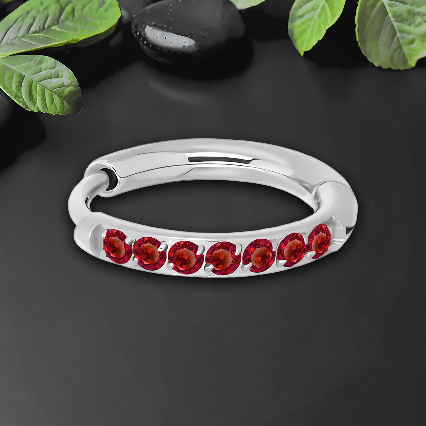 Titanium Clicker Ring in Classic Earring Style and Red CZ