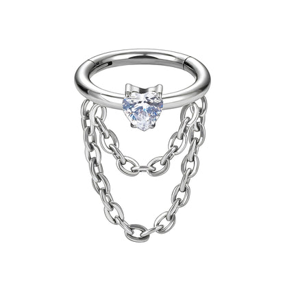 Titanium Clicker Ring with Chains and Crystal Heart