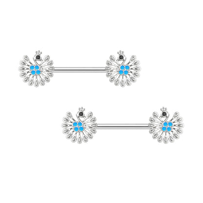 Surgical Steel Nipple Jewelry with Peacock Tail and CZ
