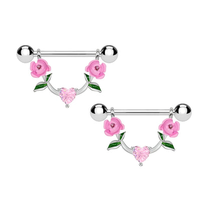 Surgical Steel Nipple Jewelry with Pink Heart and Roses